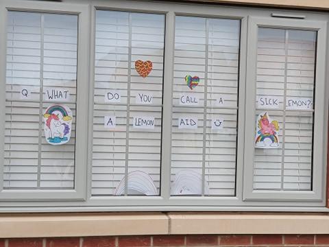 This photo from Dawn Elizabeth Tate shows how young sisters Sophie and Paige have been decorating their window in Felton with pictures and jokes to make the neighbours smile.