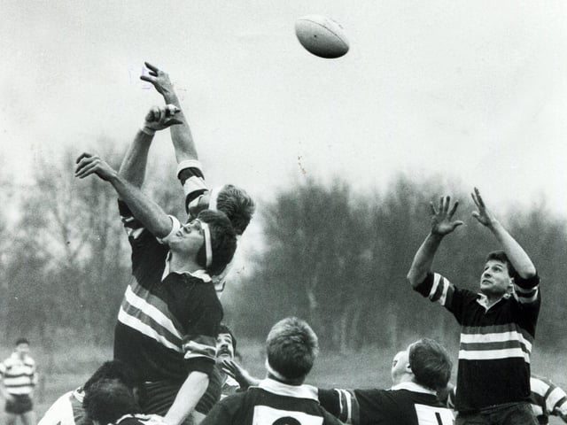 Mansfield battle Doncaster RUFC for the ball from a line-out during their game in January 1987