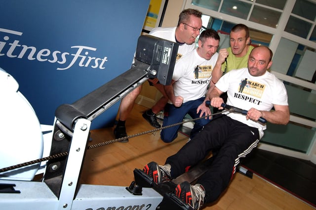 Roy Grafton got in training for the Fitness First Gym Challenge for the Help for Heroes appeal in 2009.  He was encouraged on by, from left, Graham Parker, Philip O'Neal and Pete Hall