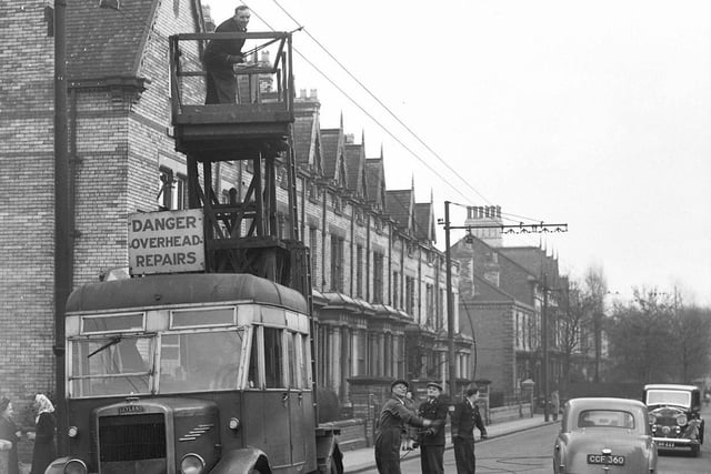 April 1953 saw the end of the trolleybuses in Hartlepool. This scene in Grange Road shows the overhead wires for the trolleybuses being cut down.  Remember it?