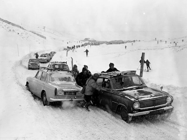 A view of motorists stuck in the snow in Glen Shee in Perthshire. Boxing Day, 1965
