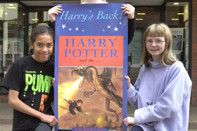 Harry Potter book review competition winners at Waterstones, Orchard Square. L to R are Madeline Shann, 12, Elizabeth Law, 12, and Lura Pennington, 12. Dated July 8, 2000.