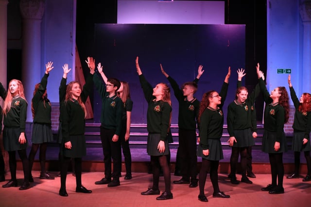 Pupils at Notre Dame High School in Sheffield, rehearsing for their 2017 production of School of Rock the Musical.