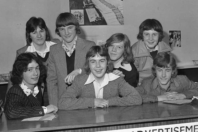 The Newsboy of the Year entrants in 1975. Pictured left to right are, front: Michael McLoughlin, Edwin Arthur, and Derek Winter, Sunderland; Back: Michael Kennedy, Shiney Row; John Anderson, Sunderland; Gordon Surtees, and William Jackson both of Hetton.