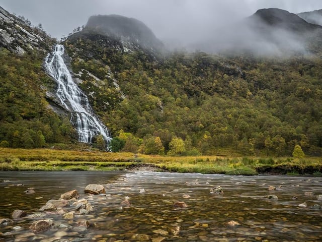 Scotland's second highest waterfall with a single drop of 120 meters, waterfall is known as An Steall Ban, Steall Waterfall and Steall Falls. It's found in Glen Nevis, near Fort William