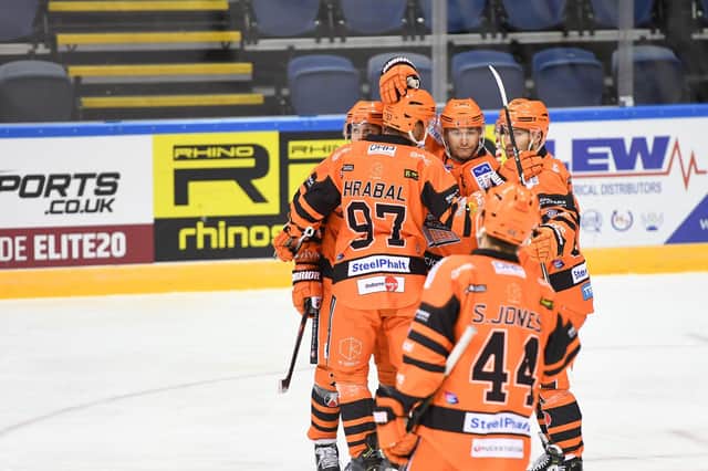 Celebration time for Steelers, with Eberle taking centre stage. Pic: Karl Denham.
