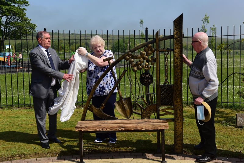 From left: Brian Jolly of Easington Heritage Group, Margaret McGann  who lost her father, uncle and cousin in the disaster and Frederick Robson who lost his grand father who was the oldest victim, at an event to commemorate the 70th anniversary of the Easington Mining Disaster  on Saturday.