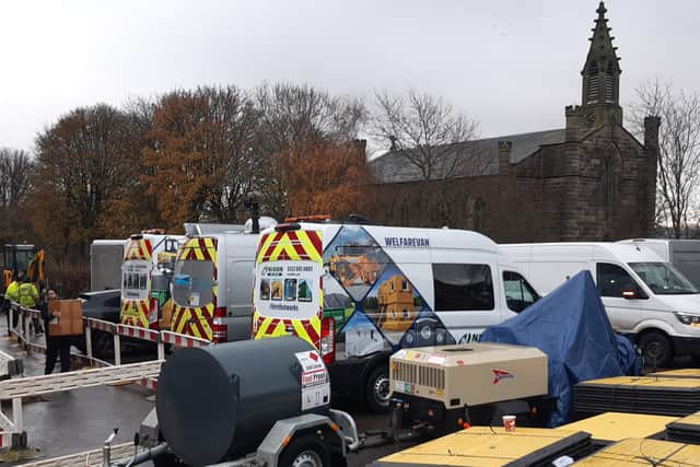 Pictured is a temporary emergency HQ for Cadent Gas and Yorkshire Water workers at Lomas Hall, Stannington, Sheffield, as they continue to resolve a burst water main crisis that has flooded gas pipes in the area and left many without heating.