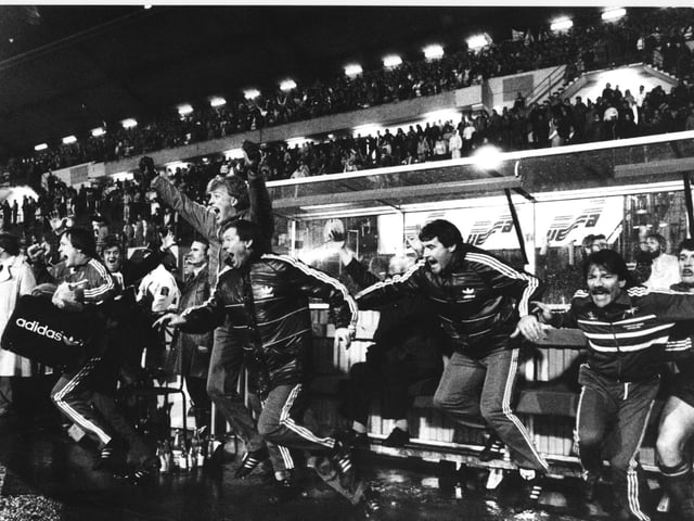 Manager Alex Ferguson leaps off the bench at the final whistle in Gothenburg, after Aberdeen had defeated Real Madrid to win the European Cup Winners Cup in 1983.