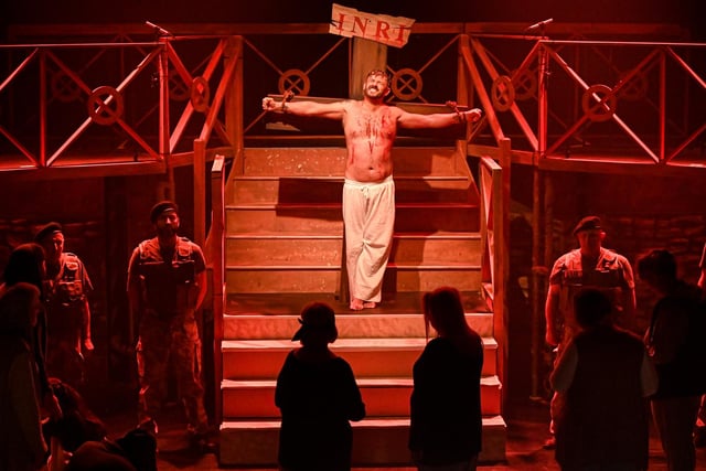 The crucifixion of Christ - portrayed by Alnwick Stage Musical Society in its production of Jesus Christ Superstar.