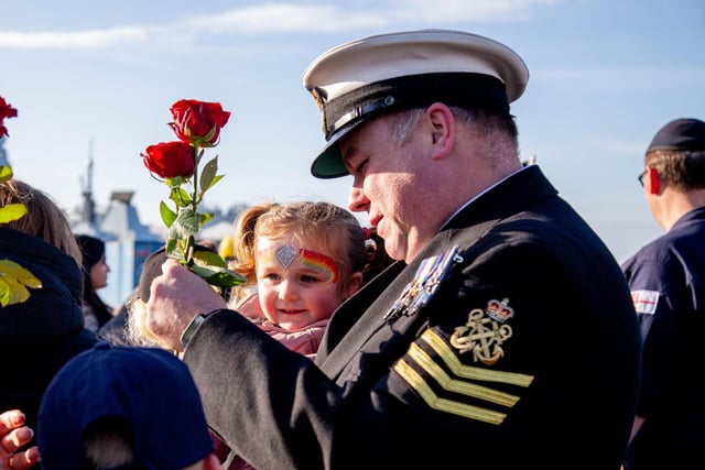 Graham Gregory with daughter Iris after HMS Diamond returned to Portsmouth. Picture: Habibur Rahman