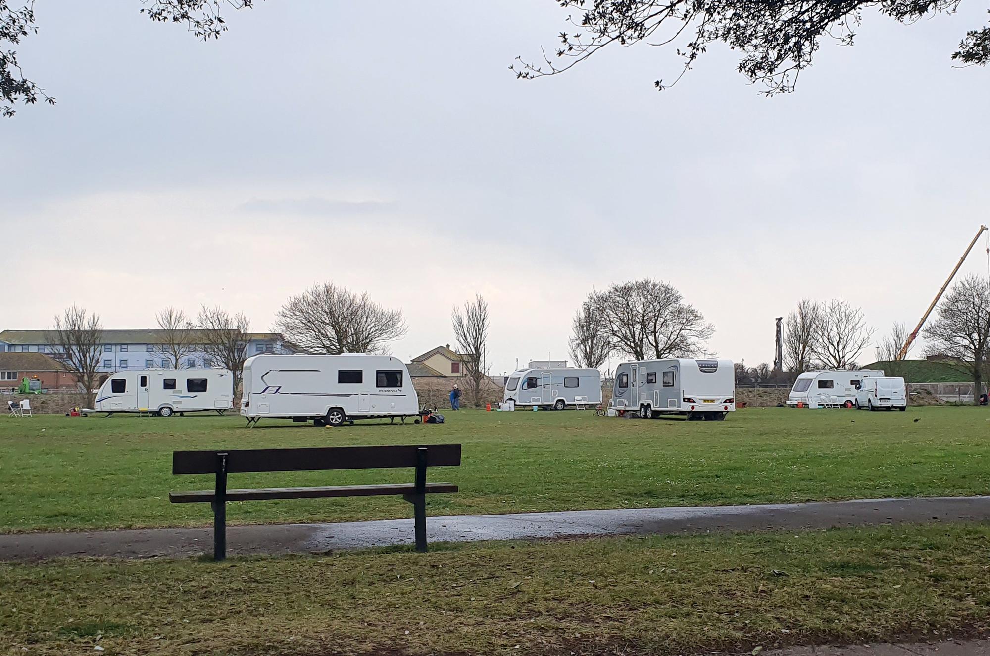 Travellers on park opposite Pembroke Road, Southsea on 17 April 2021. Picture: Habibur Rahman