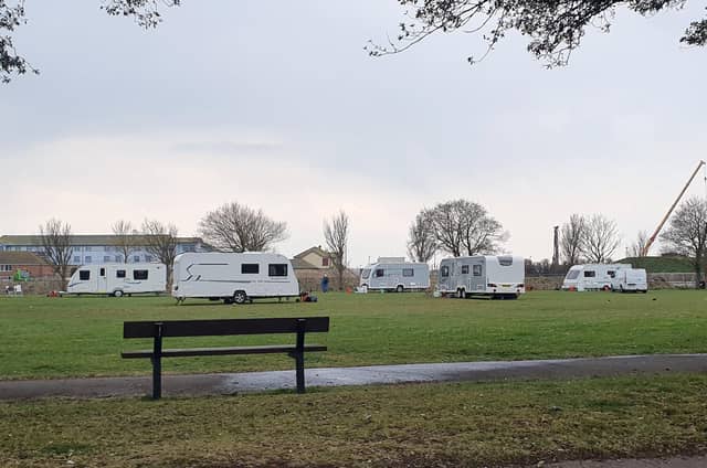 Travellers on park opposite Pembroke Road, Southsea on 17 April 2021. Picture: Habibur Rahman