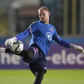 England goalkeeper Aaron Ramsdale. formerly of Sheffield United and now of Arsenal, kicks the ball during the warm-up before making his debut against San Marino (AP Photo/Antonio Calanni)