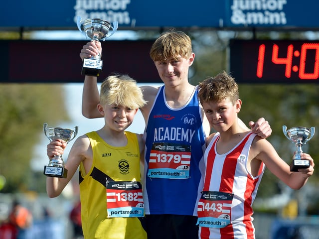 The winners of the junior boys' run celebrate their victory on Saturday. Photo: Peter Langdown