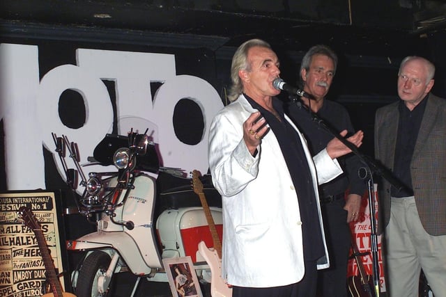 Peter Stringfellow on stage at The Boardwalk Club in Sheffield to launch the new book about the legendary King Mojo Club he ran in the city back in the 60's. Here he is on stage with authors Dave Manvell and John Firminger in 2003