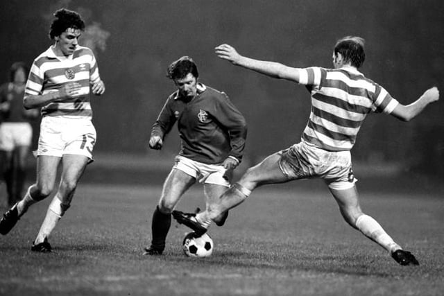 13/12/78 - Celtic's Jim Casey, pictured left with team-mate Johannes Edvaldsson and Rangers' Alex MacDonald, converted past Roy Baines for Rangers' winner in extra-time at Hampden in the League Cup semi-final