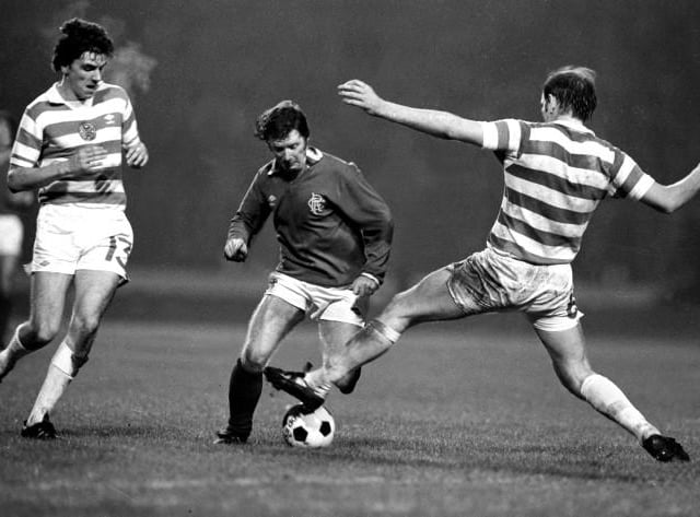 13/12/78 - Celtic's Jim Casey, pictured left with team-mate Johannes Edvaldsson and Rangers' Alex MacDonald, converted past Roy Baines for Rangers' winner in extra-time at Hampden in the League Cup semi-final