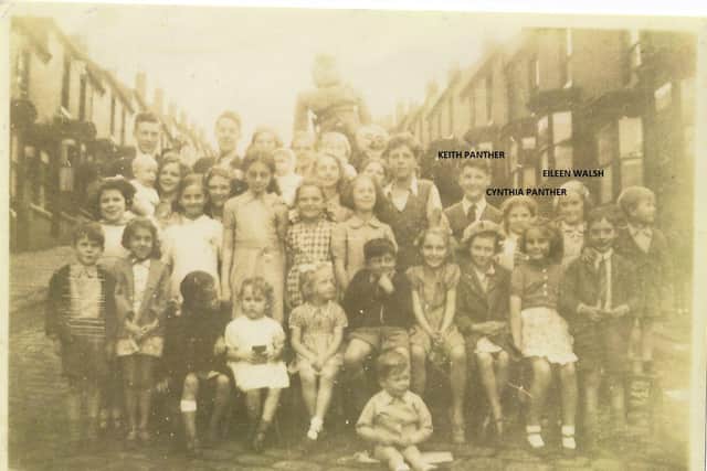 Keith Panther, his sister Cynthia and future wife Eileen Walsh at a VE Day party in Hunter Hill Road, Hunters Bar, Sheffield