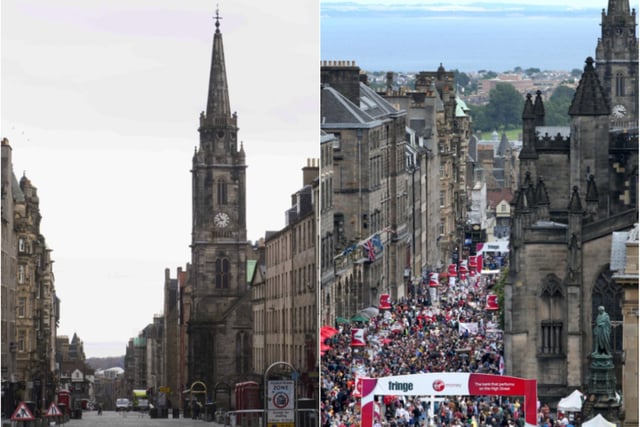 The busy Royal Mile during the Edinburgh Fringe compared to what it looks like under the Covid-19 lockdown.