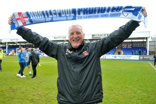 Hartlepool United manager Ronnie Moore celebrating at the end of the lap of honour for Pools after the 2-1 win over Exeter City which saw Pools retain their Football League status. Picture by FRANK REID