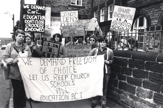 Protesting parents of children from Crookes Primary School march on the education authority at Leopold Street pictured in July 1980.