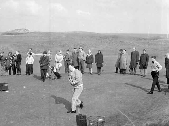 JG Garland tees off in the third round of Scottish Boys Golf Championships at North Berwick in April 1964.