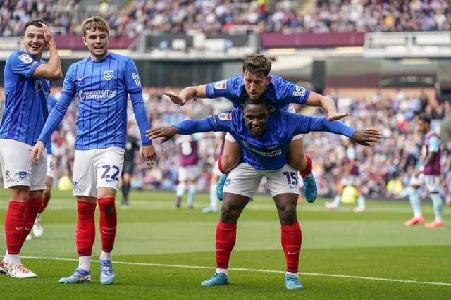Goalscorer Callum Lang celebrated his 42nd-minute opener with Christian Saydee at Burnley