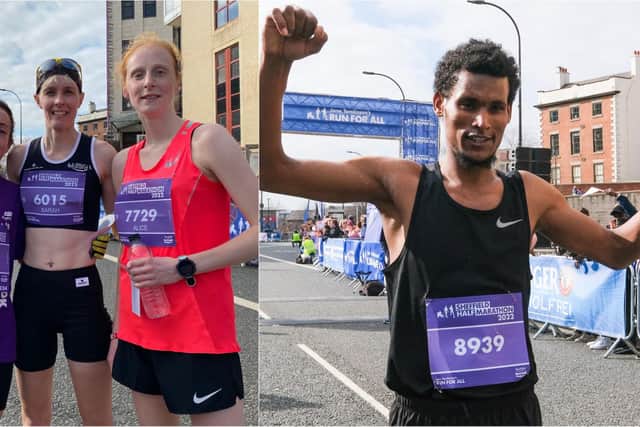 Sheffield Half Marathon winners 2022 - Female winners, first place Sarah Lowery, centre, second place Alice Daniel and third place Eleanor Baker. Male winner, Mohamed Saleh. Pictures: Dean Atkins