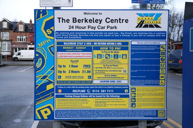 'Ludicrously over-written' Excel Parking signs and at The Berkeley Centre on Ecclesall Road in Sheffield.