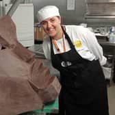 A sculpture made from 65kg of chocolate and created by Sheffield College students was unveiled at South Yorkshire' Chatsworth House.