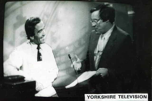 Jimmy McWilliams with presenter Richard Whiteley in the Yorkshire TV studio in October 1986