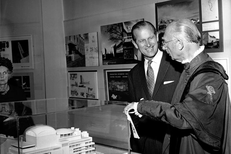 Prince Philip Duke of Edinburgh is shown the model of the new Edinburgh Festival Theatre during the Royal Family's visit to the Royal Scottish Academy in July 1971.