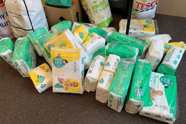 These nappies were donated to Baby Basics in Sheffield by Tesco, which apologised for not letting the charity skip the queue to buy essentials for struggling families