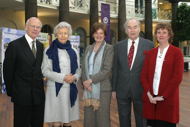 The National Trust's Peak District Centre held its AGM at the University of Derby, Buxton  in 2006, and were joined by guests the Dowager Duchess of Devonshire and the NT's Director General Fiona Reynolds.
The guests with Ian Laing (chair), Geoffrey Willis (pres.) and Kate Clarke (sec)
