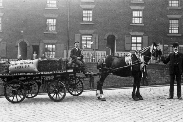 G.I. Crapper, Chaff Merchant in 1913. George Israel Crapper and his team sold hay, straw and chop –everything a horse could want. His premises were in Langsett Road. Chaff or chopped hay and/or straw is fed to horses and ponies to stop them bolting their feed. Chop was chopped animal feeds, mainly from rye.