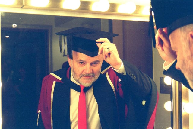 DJ John Peel about to receive his honorary degree from Sheffield Hallam University at Sheffield City Hall in 1999