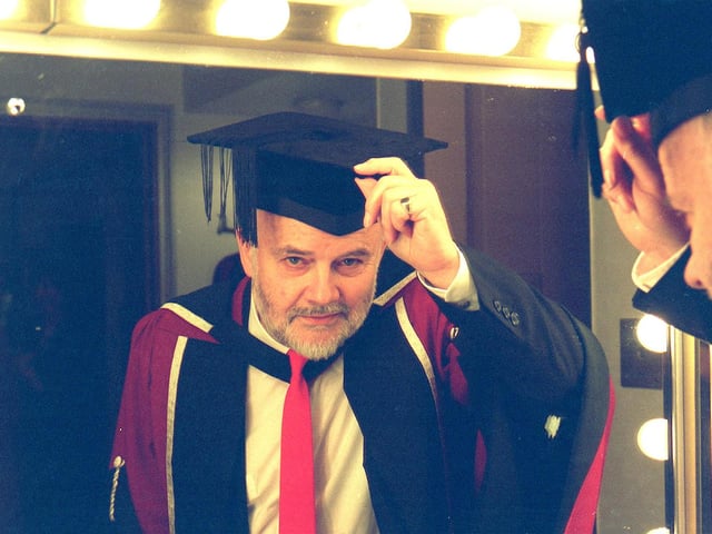 DJ John Peel about to receive his honorary degree from Sheffield Hallam University at Sheffield City Hall in 1999