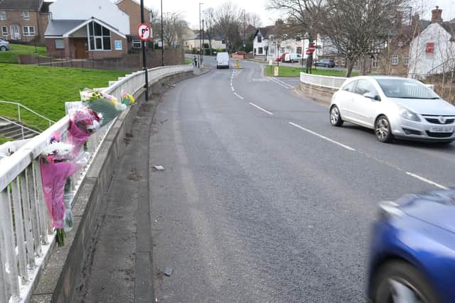Flowers at the scene of a crash on Tannery Street in Woodhouse, Sheffield, in which Brenda Ellis was killed and her young grandaughter was seriously injured. 