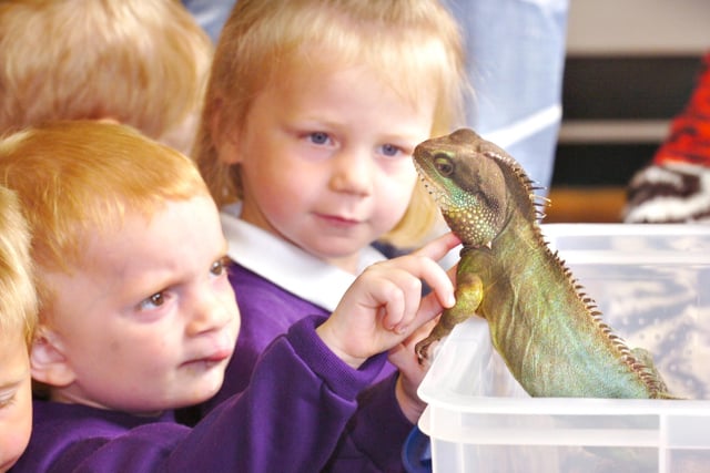 Shay Snaith (left) and Hannah Foster of Dubmire Nursery School with a  Chinese Water Dragon in 2008.
