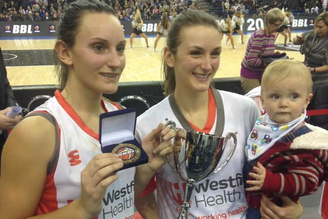 The Naylor Sisters: Helen and Sarah pictured after winning the WBBL Play Offs in 2014, shortly after Sarah returned from from having her son.