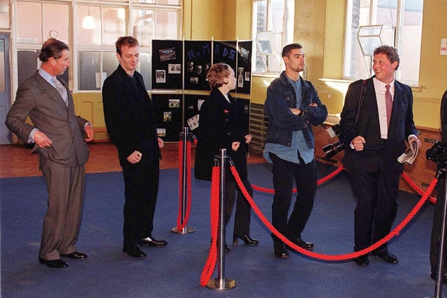The Prince of Wales joins The Full Monty actor Hugo Speer, who played Guy, as he memorably imitates the job centre queue dance from the hit film during his visit to Sheffield on Friday November 13, 1998