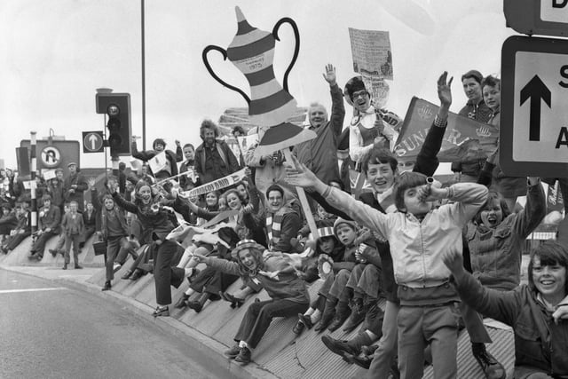 The crowds were huge for the FA Cup parade in 1973.  We asked our members where they were for the parade. Brian Lee said: "On the bridge over the A19 just before The Board Inn, I had my daughter with me who was 10 at the time and dressed in red and white. She got a lovely reaction from Bob Stokoe and the players, great times."
Margaret Batley was 'top of the Roker End. Watched the bus come down Roker Baths Road from there and then the team come into the ground."