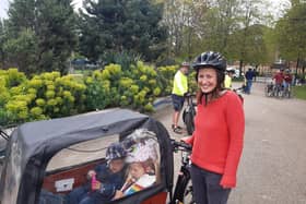 Elizabeth Larminie with her children at the Space for Cycling big bike ride through Sheffield