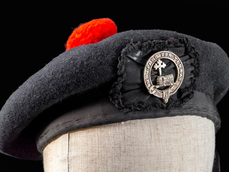 Worn by William MacDonald of Gruids, a piper with the 2nd Battalion Scots Guards, during World War One. Severely wounded on the Western Front, he was discharged in April 1917 as '100% disabled' but fought back to health and joined the Lovat Scouts as a highly regarded Pipe Sergeant.