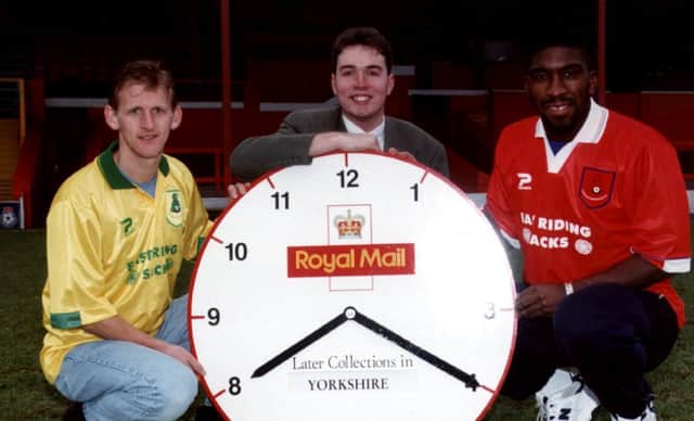 Doncaster Rover's players with Richard holt from Royal Mail to promote a later posting time for Yorkshire back in 1997