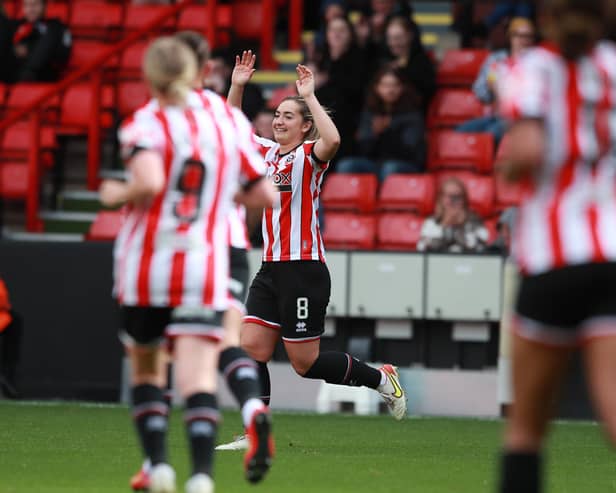Maddy Cusack of Sheffield United celebrates her second goal against Coventry: Simon Bellis / Sportimage