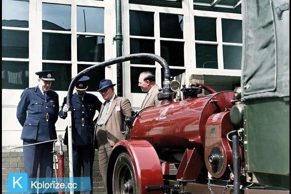 A new appliance for removing sludge from the 11,000 hydrant pits in the city was shown today at Sheffield Fire Station. Pictured left to right at the demonstration are Chief Fire Officer Mr Ben Jones, Assistant Chief Fire Officer S Lambert, Fire Brigade Committee Chairman Coun H Redgate and Mr J Mellor representing Yorkshire Patent Steam Wagon Company who made the appliance, July 11, 1961. Picture: Sheffield Newspapers