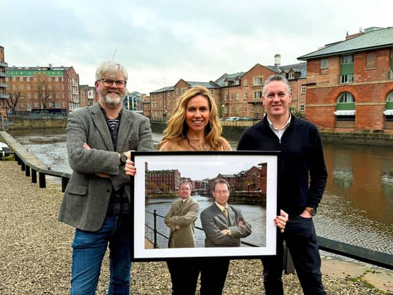 Daniel Kennedy, Martha Phillips, Chris Hughes – with (L-R) Peter Downey and Steve Clark in their Source launch PR photo from 2001