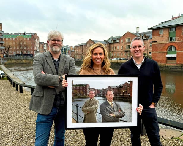 Daniel Kennedy, Martha Phillips, Chris Hughes – with (L-R) Peter Downey and Steve Clark in their Source launch PR photo from 2001